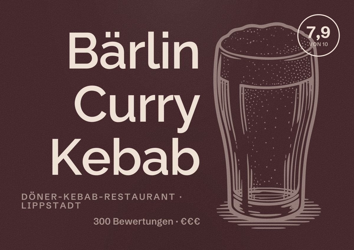 Illustriertes Poster von Bärlin Curry Kebab, Döner-Kebab-Restaurant in Lippstadt: Bewertung 7,9 von 10 aus 300 Bewertungen, Preisniveau €€€
