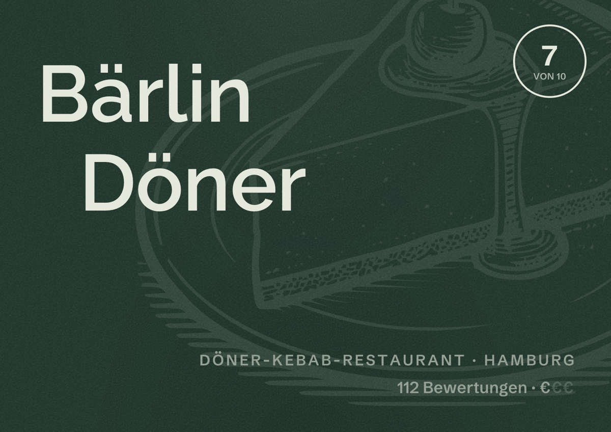 Illustriertes Poster von Bärlin Döner, Döner-Kebab-Restaurant in Hamburg: Bewertung 7,0 von 10 aus 112 Bewertungen, Preisniveau €