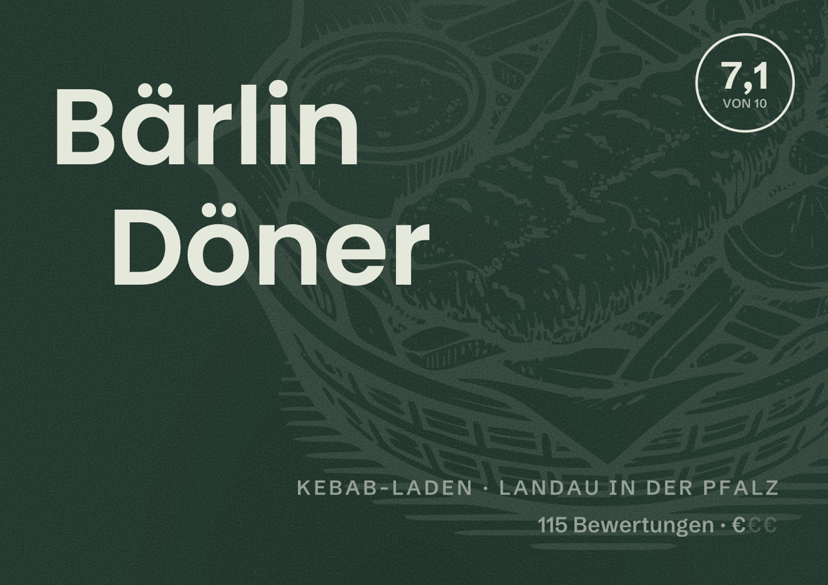 Illustriertes Poster von Bärlin Döner, Kebab-Laden in Landau in der Pfalz: Bewertung 7,1 von 10 aus 115 Bewertungen, Preisniveau €