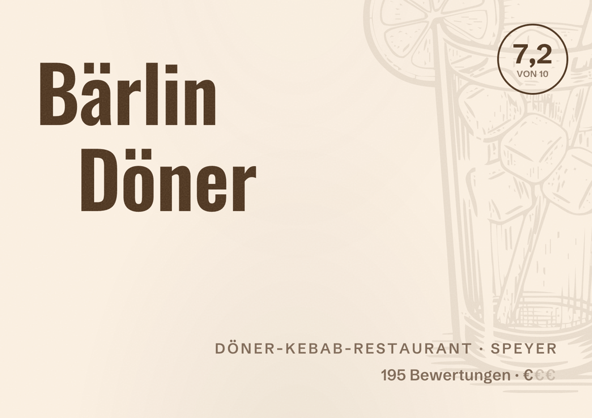 Illustriertes Poster von Bärlin Döner, Döner-Kebab-Restaurant in Speyer: Bewertung 7,2 von 10 aus 195 Bewertungen, Preisniveau €