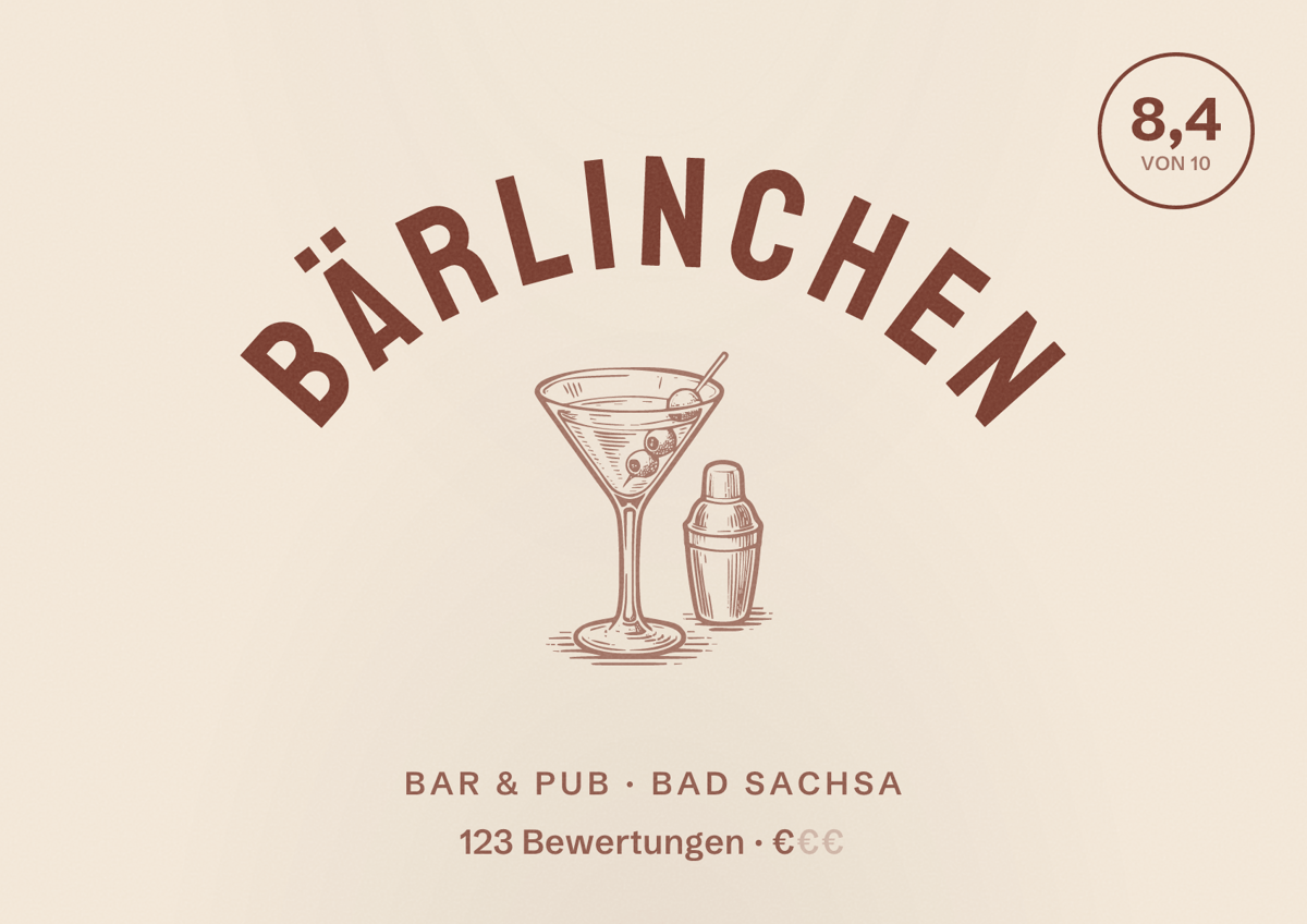 Illustriertes Poster von Bärlinchen, Bar & Pub in Bad Sachsa: Bewertung 8,4 von 10 aus 123 Bewertungen, Preisniveau €