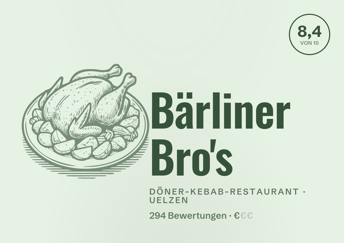 Illustriertes Poster von Bärliner Bro's, Döner-Kebab-Restaurant in Uelzen: Bewertung 8,4 von 10 aus 294 Bewertungen, Preisniveau €
