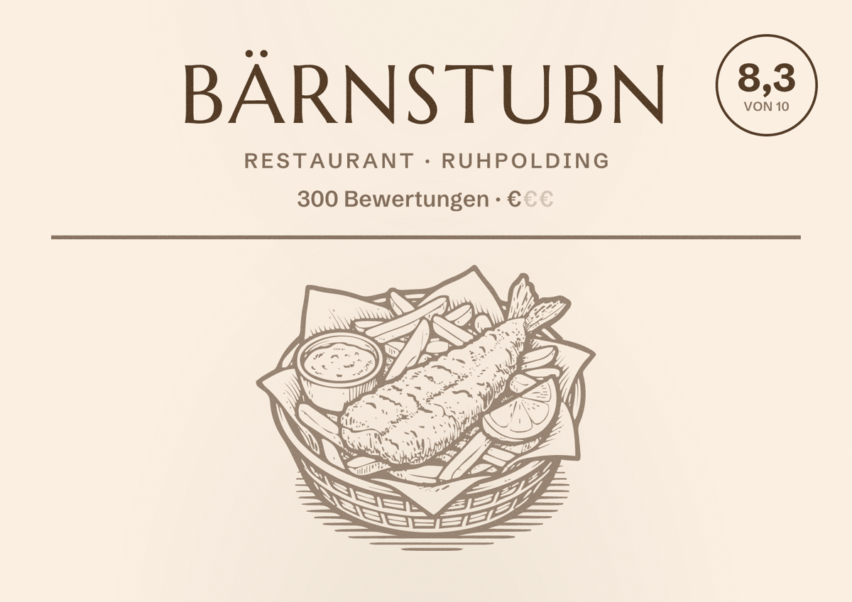 Illustriertes Poster von Bärnstubn, Restaurant in Ruhpolding: Bewertung 8,3 von 10 aus 300 Bewertungen, Preisniveau €