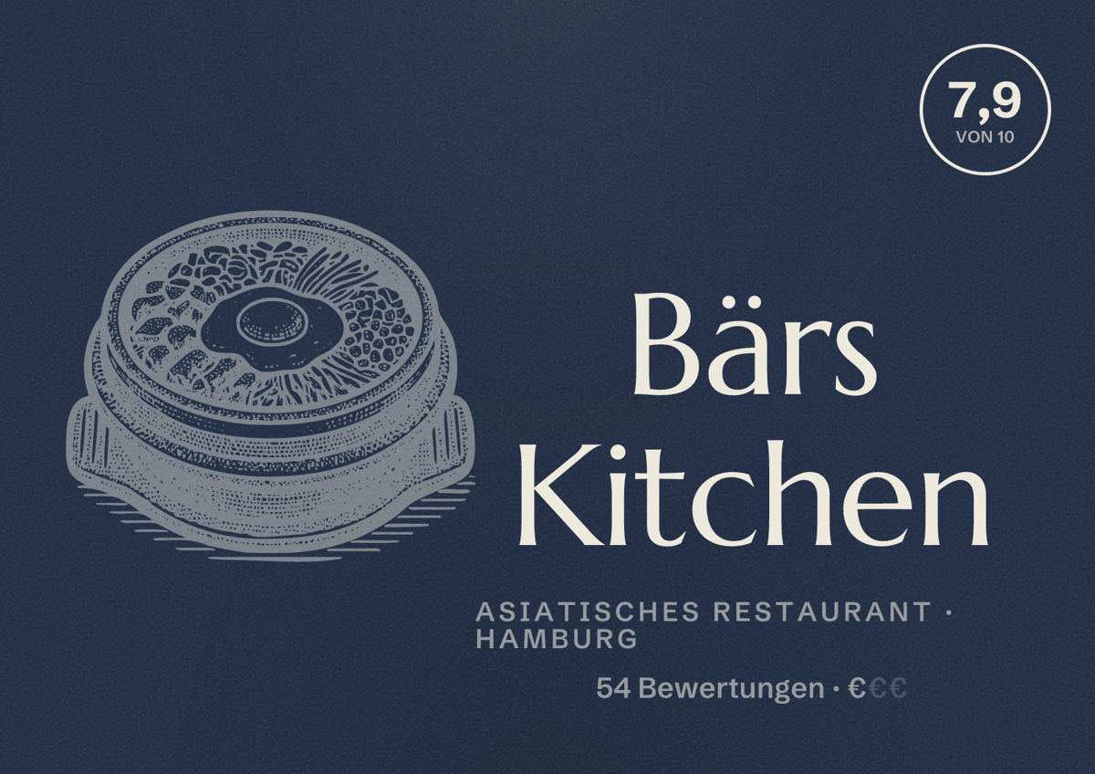 Illustriertes Poster von Bärs Kitchen, Asiatisches Restaurant in Hamburg: Bewertung 7,9 von 10 aus 54 Bewertungen, Preisniveau €