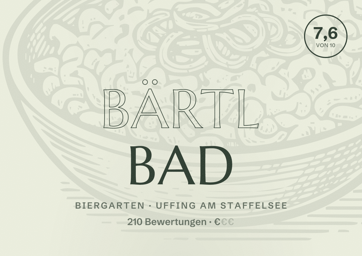 Illustriertes Poster von Bärtl Bad, Biergarten in Uffing am Staffelsee: Bewertung 7,6 von 10 aus 210 Bewertungen, Preisniveau €