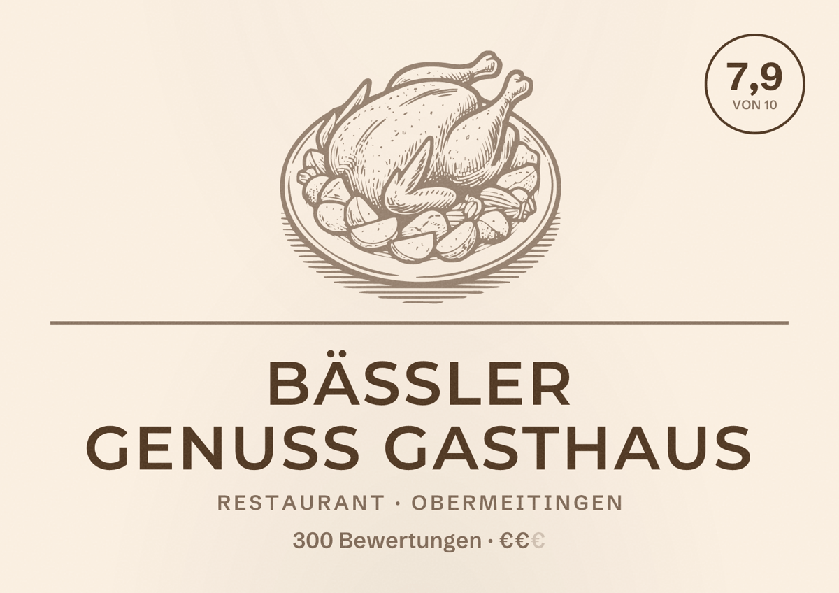 Illustriertes Poster von Bäßler Genuss Gasthaus, Restaurant in Obermeitingen: Bewertung 7,9 von 10 aus 300 Bewertungen, Preisniveau €€