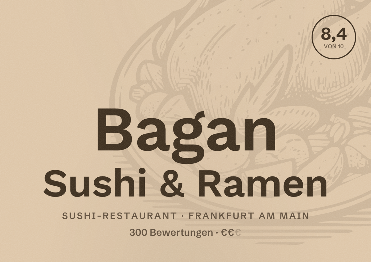 Illustriertes Poster von Bagan Sushi & Ramen, Sushi-Restaurant in Frankfurt am Main: Bewertung 8,4 von 10 aus 300 Bewertungen, Preisniveau €€