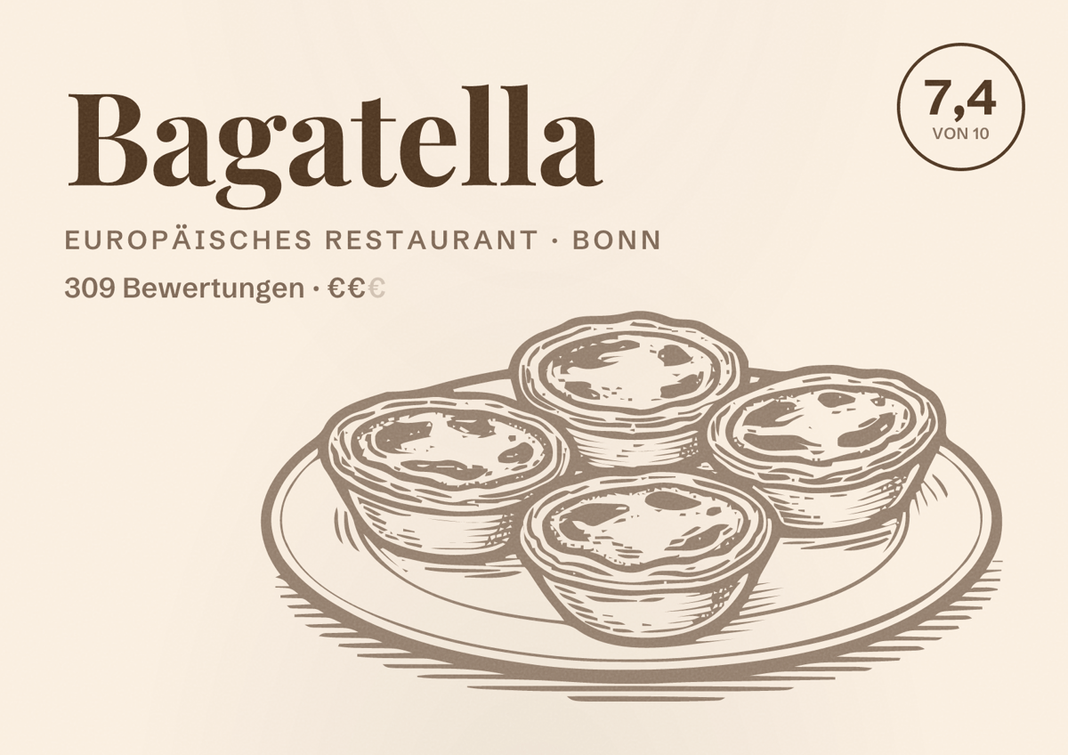 Illustriertes Poster von Bagatella, Europäisches Restaurant in Bonn: Bewertung 7,4 von 10 aus 309 Bewertungen, Preisniveau €€