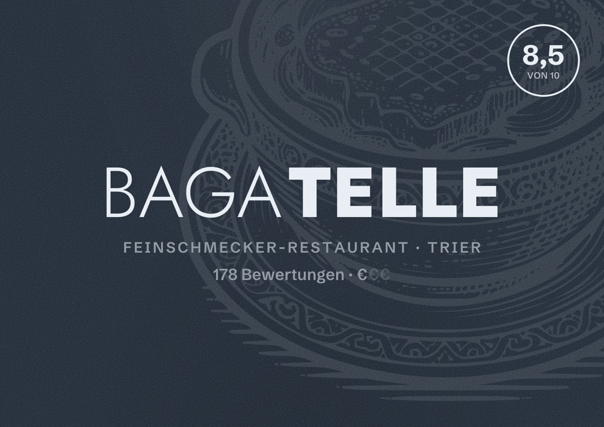 Illustriertes Poster von Bagatelle, Feinschmecker-Restaurant in Trier: Bewertung 8,5 von 10 aus 178 Bewertungen, Preisniveau €