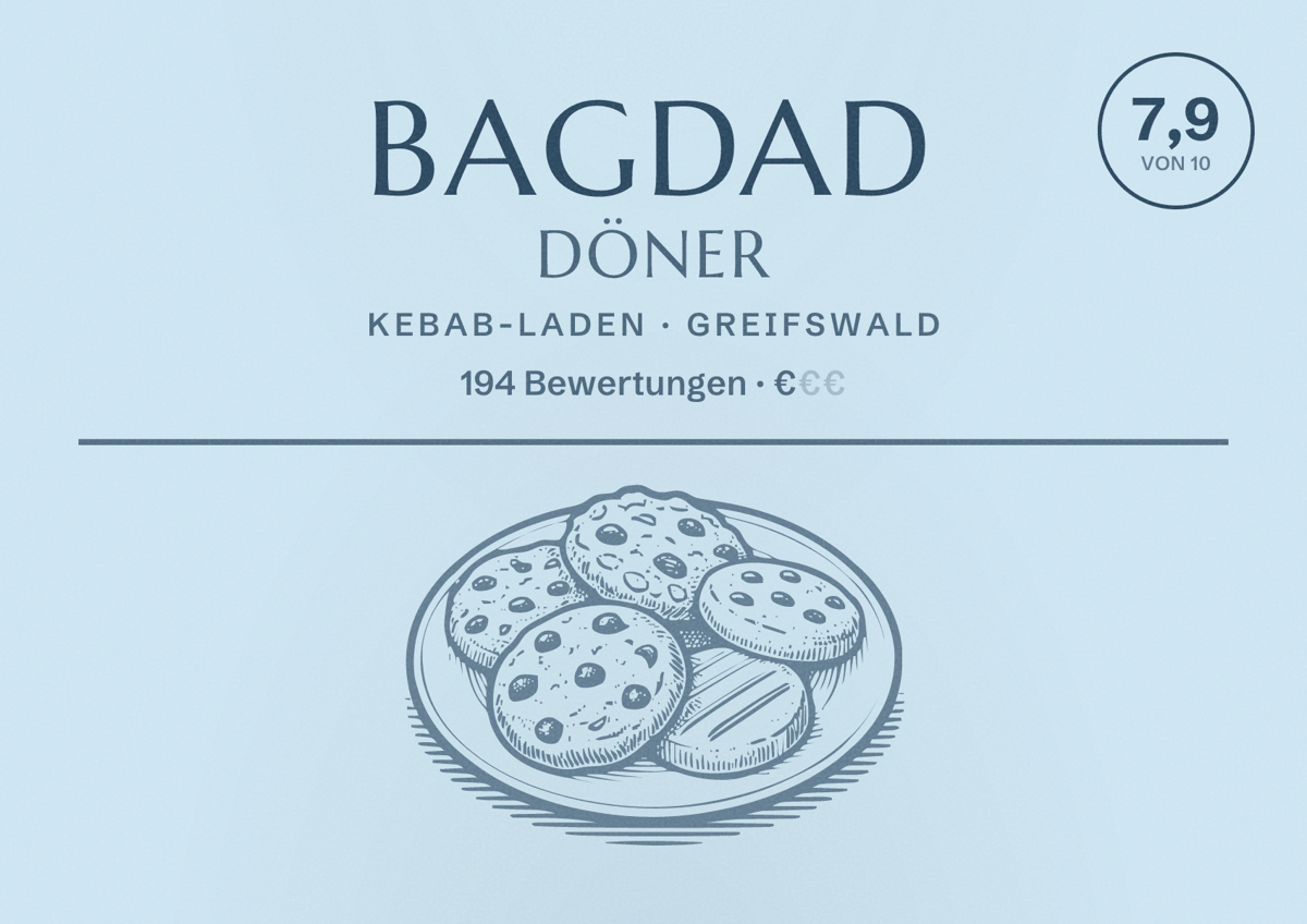 Illustriertes Poster von Bagdad Döner, Kebab-Laden in Greifswald: Bewertung 7,9 von 10 aus 194 Bewertungen, Preisniveau €