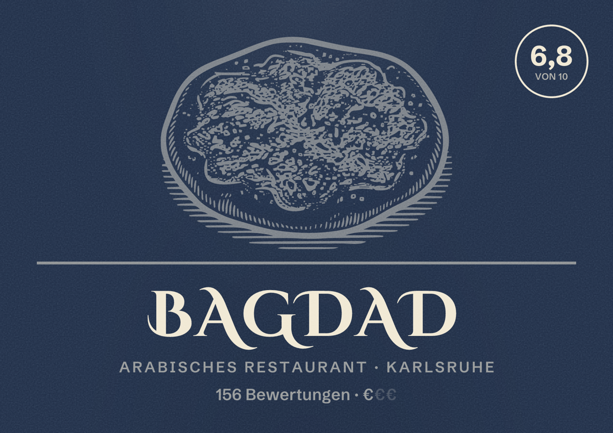 Illustriertes Poster von Bagdad, Arabisches Restaurant in Karlsruhe: Bewertung 6,8 von 10 aus 156 Bewertungen, Preisniveau €