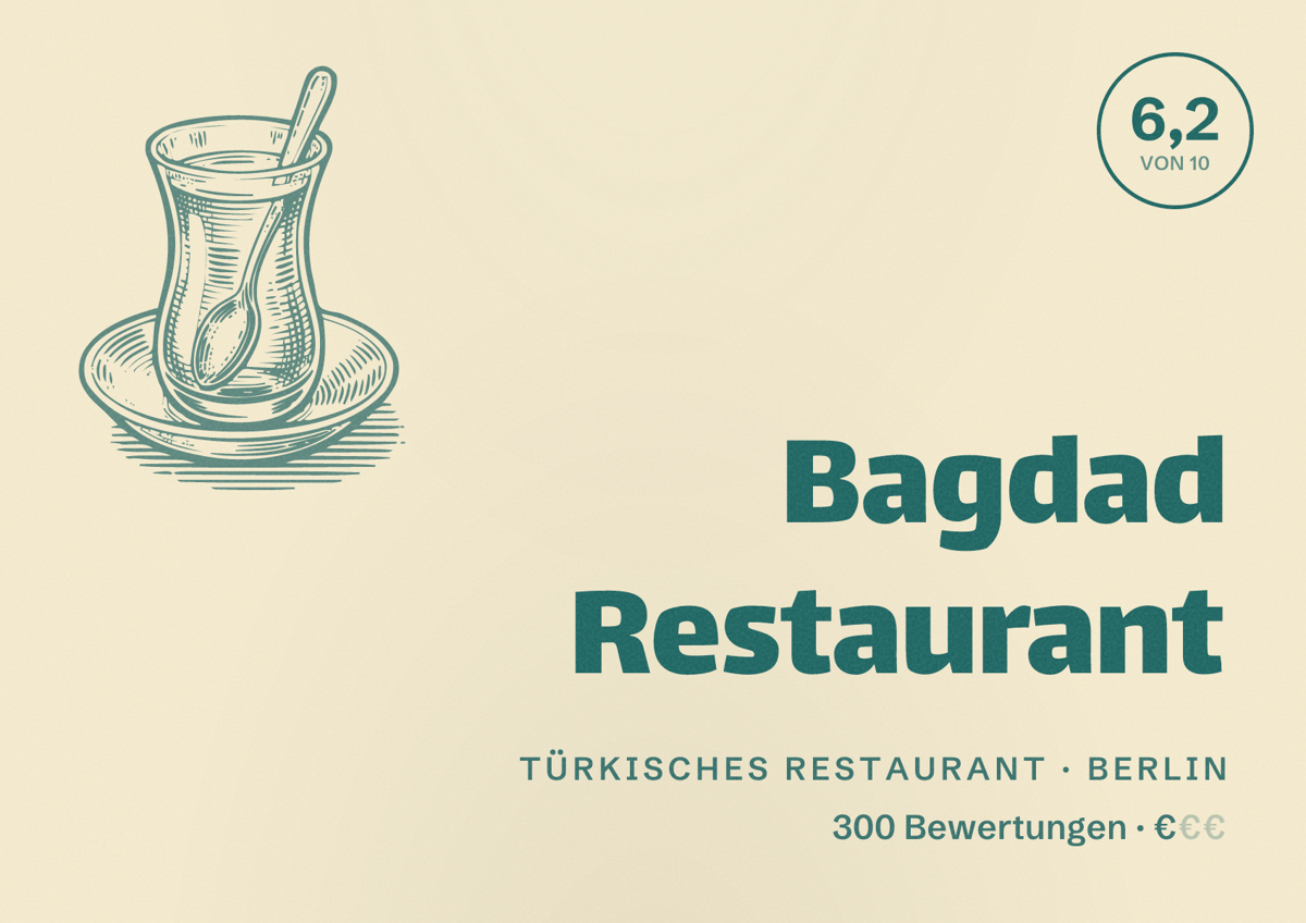 Illustriertes Poster von Bagdad Restaurant, Türkisches Restaurant in Berlin: Bewertung 6,2 von 10 aus 300 Bewertungen, Preisniveau €