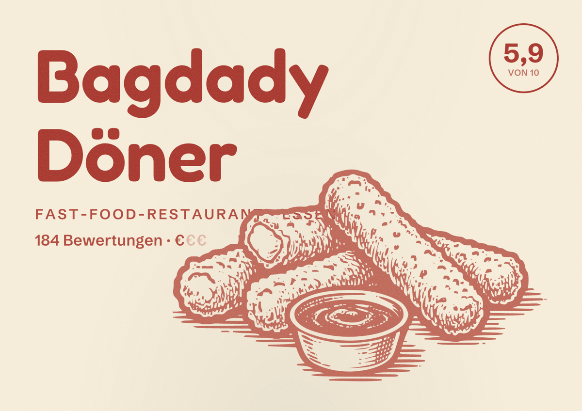 Illustriertes Poster von Bagdady Döner, Fast-Food-Restaurant in Essen: Bewertung 5,9 von 10 aus 184 Bewertungen, Preisniveau €
