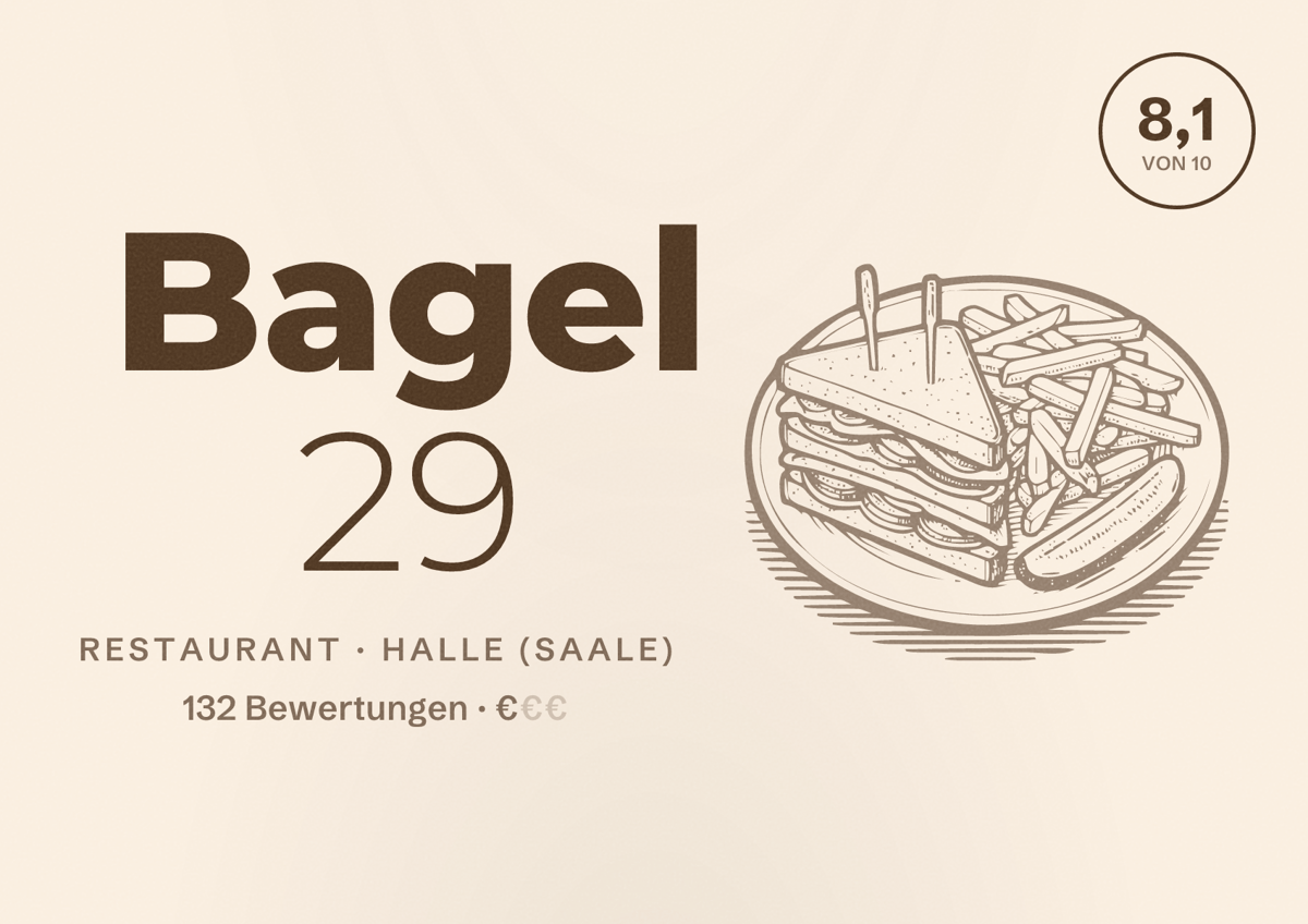 Illustriertes Poster von Bagel 29, Restaurant in Halle (Saale): Bewertung 8,1 von 10 aus 132 Bewertungen, Preisniveau €
