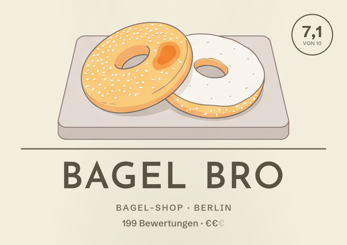 Illustriertes Poster von Bagel Bro, Bagel-Shop in Berlin: Bewertung 7,1 von 10 aus 199 Bewertungen, Preisniveau €€
