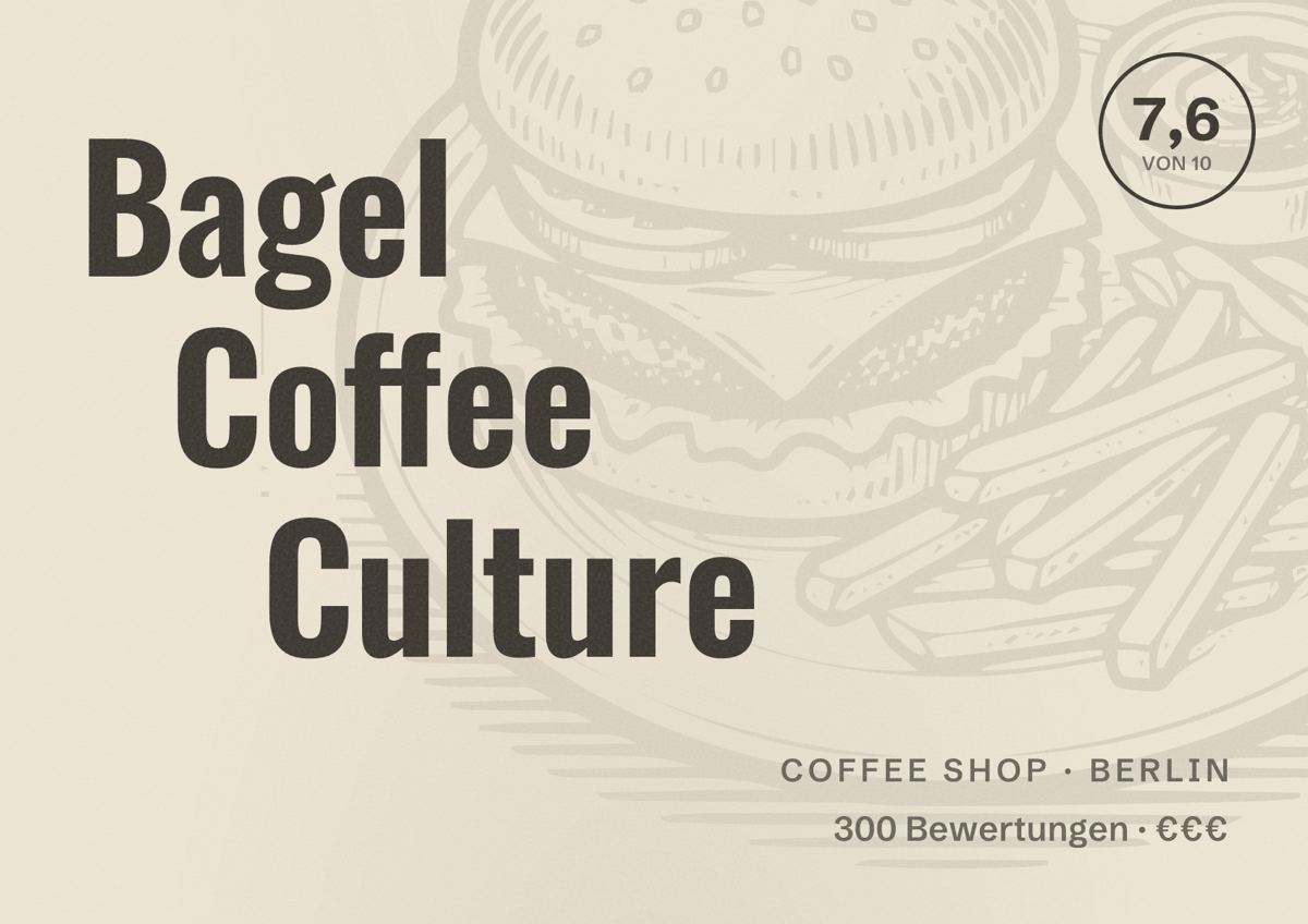 Illustriertes Poster von Bagel Coffee Culture, Coffee Shop in Berlin: Bewertung 7,6 von 10 aus 300 Bewertungen, Preisniveau €€€