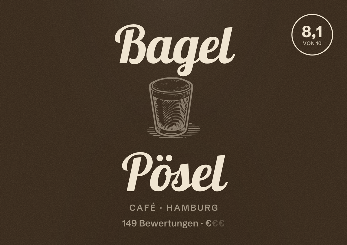 Illustriertes Poster von Bagel Pösel, Café in Hamburg: Bewertung 8,1 von 10 aus 149 Bewertungen, Preisniveau €