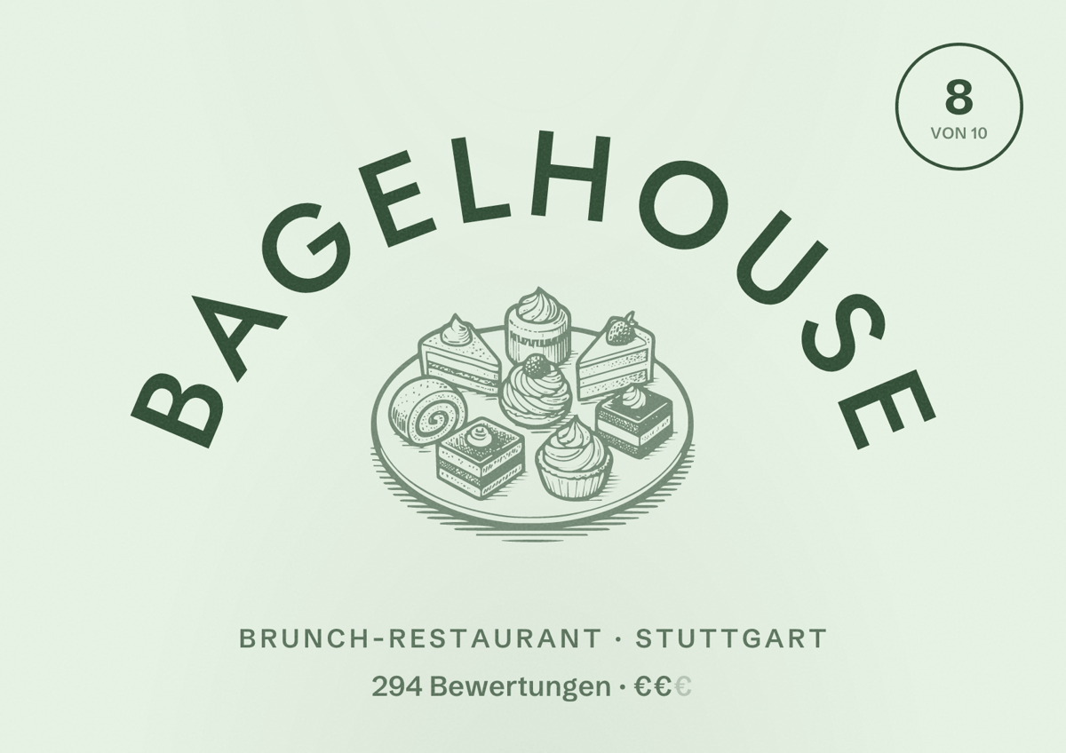 Illustriertes Poster von Bagelhouse, Brunch-Restaurant in Stuttgart: Bewertung 8,0 von 10 aus 294 Bewertungen, Preisniveau €€