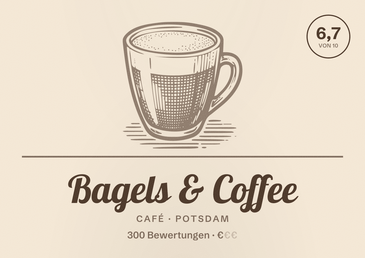 Illustriertes Poster von Bagels & Coffee, Café in Potsdam: Bewertung 6,7 von 10 aus 300 Bewertungen, Preisniveau €