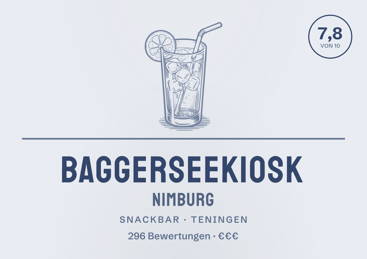Illustriertes Poster von Baggerseekiosk Nimburg, Snackbar in Teningen: Bewertung 7,8 von 10 aus 296 Bewertungen, Preisniveau €€€