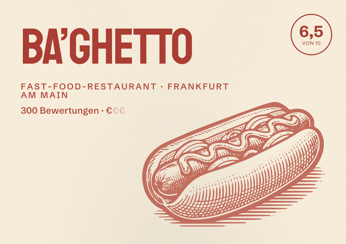 Illustriertes Poster von Ba’Ghetto, Fast-Food-Restaurant in Frankfurt am Main: Bewertung 6,5 von 10 aus 300 Bewertungen, Preisniveau €