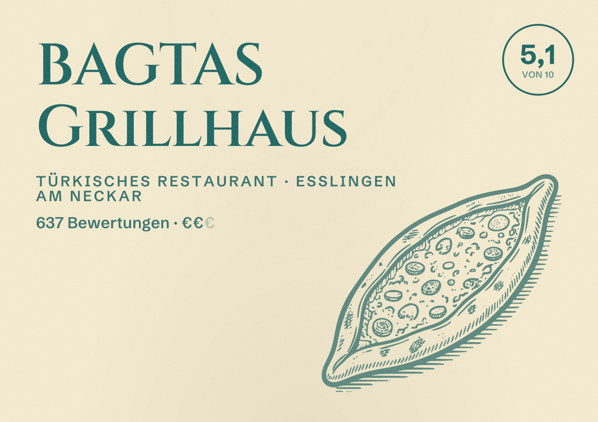 Illustriertes Poster von BAGTAS Grillhaus, Türkisches Restaurant in Esslingen am Neckar: Bewertung 5,1 von 10 aus 637 Bewertungen, Preisniveau €€