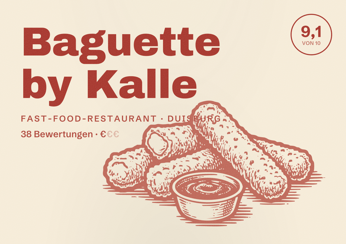 Illustriertes Poster von Baguette by Kalle, Fast-Food-Restaurant in Duisburg: Bewertung 9,1 von 10 aus 38 Bewertungen, Preisniveau €