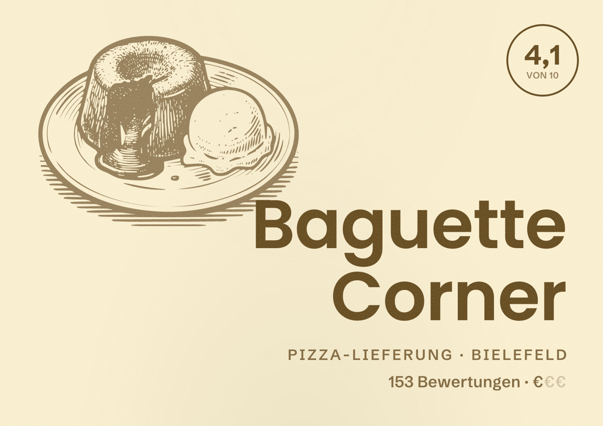 Illustriertes Poster von Baguette Corner, Pizza-Lieferung in Bielefeld: Bewertung 4,1 von 10 aus 153 Bewertungen, Preisniveau €