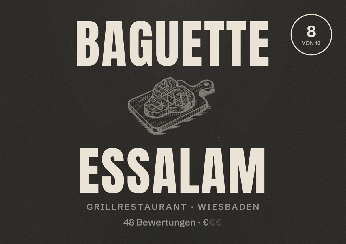 Illustriertes Poster von Baguette Essalam, Grillrestaurant in Wiesbaden: Bewertung 8,0 von 10 aus 48 Bewertungen, Preisniveau €