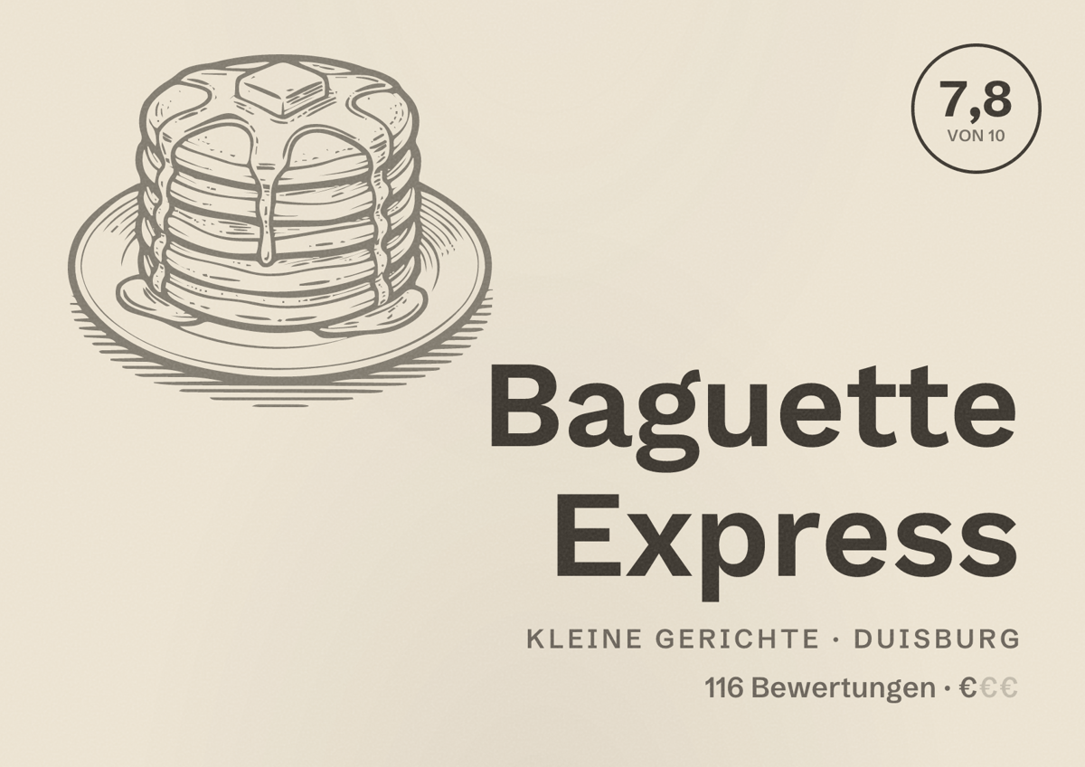 Illustriertes Poster von Baguette Express, Kleine Gerichte in Duisburg: Bewertung 7,8 von 10 aus 116 Bewertungen, Preisniveau €