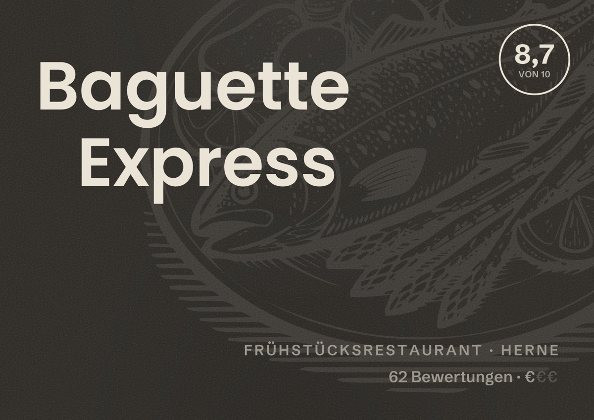 Illustriertes Poster von Baguette Express, Frühstücksrestaurant in Herne: Bewertung 8,7 von 10 aus 62 Bewertungen, Preisniveau €