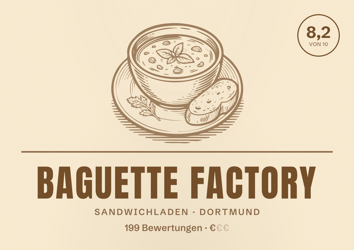 Illustriertes Poster von Baguette Factory, Sandwichladen in Dortmund: Bewertung 8,2 von 10 aus 199 Bewertungen, Preisniveau €