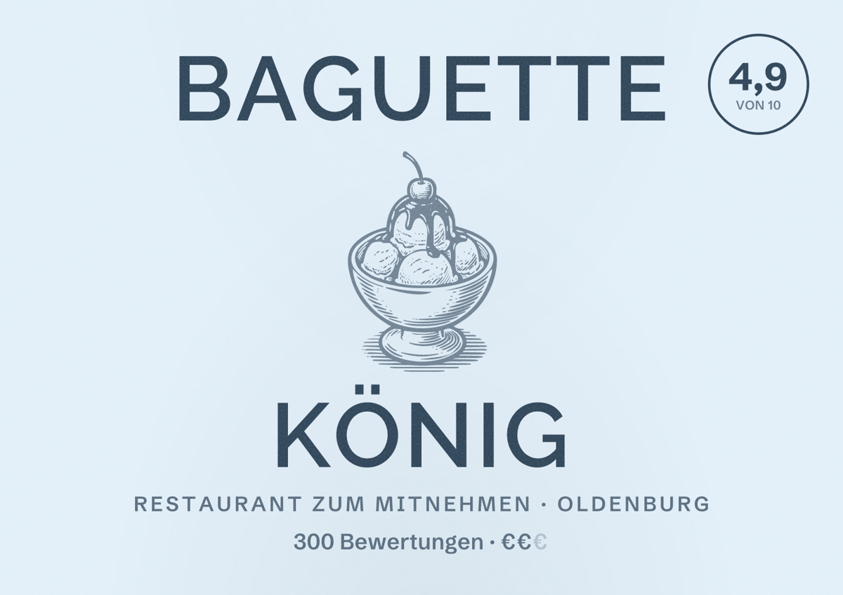Illustriertes Poster von Baguette König, Restaurant zum Mitnehmen in Oldenburg: Bewertung 4,9 von 10 aus 300 Bewertungen, Preisniveau €€