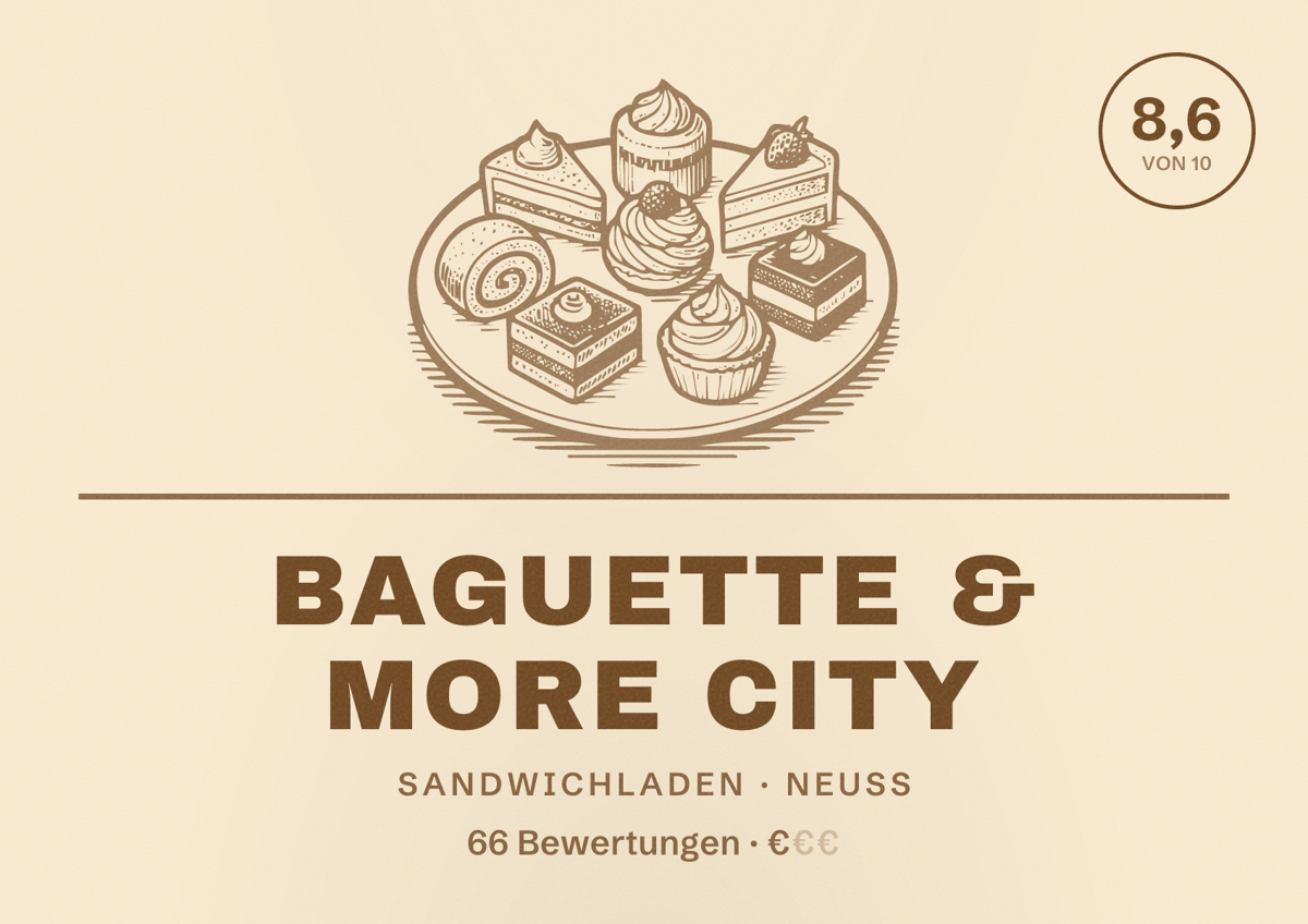 Illustriertes Poster von Baguette & More City, Sandwichladen in Neuss: Bewertung 8,6 von 10 aus 66 Bewertungen, Preisniveau €