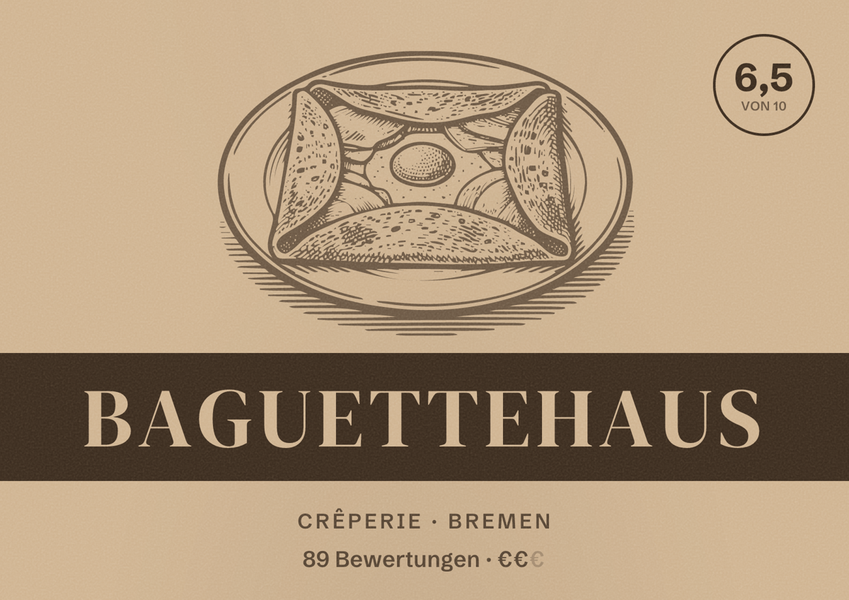 Illustriertes Poster von Baguettehaus, Crêperie in Bremen: Bewertung 6,5 von 10 aus 89 Bewertungen, Preisniveau €€