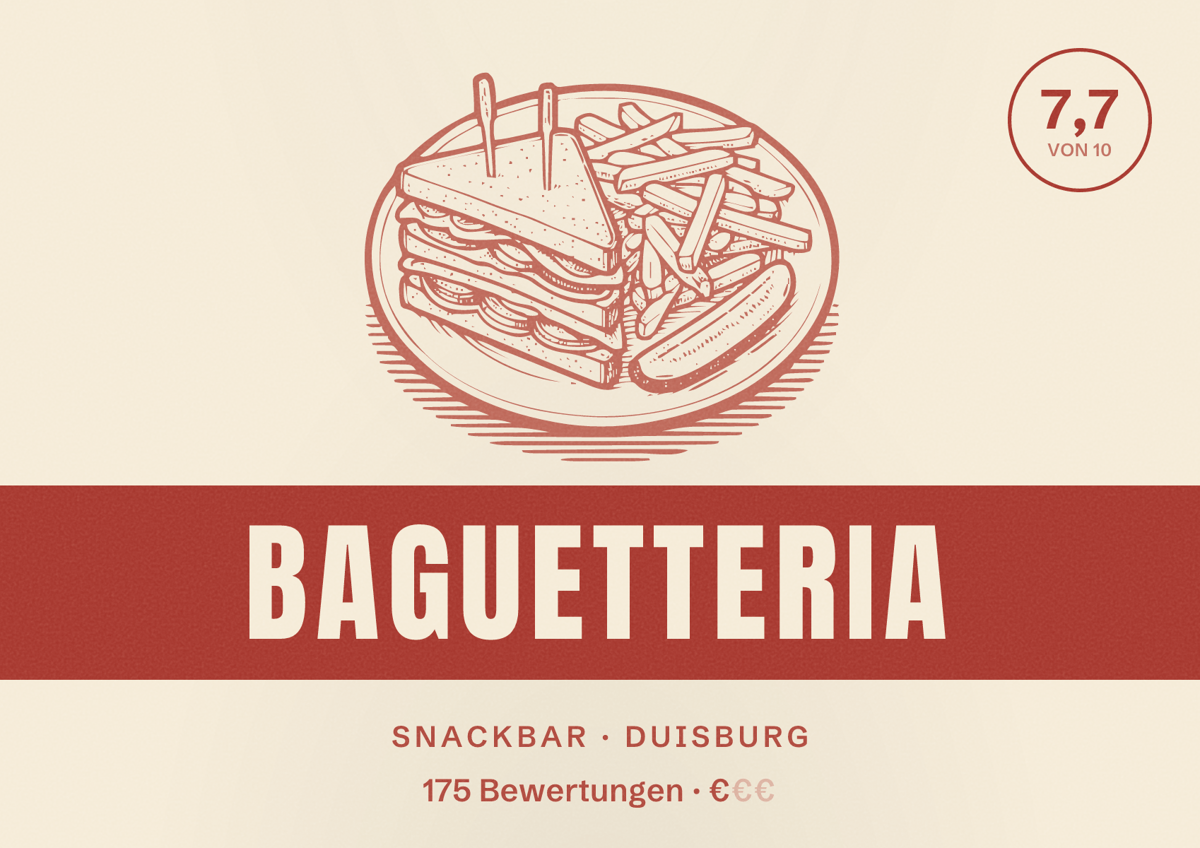 Illustriertes Poster von Baguetteria, Snackbar in Duisburg: Bewertung 7,7 von 10 aus 175 Bewertungen, Preisniveau €