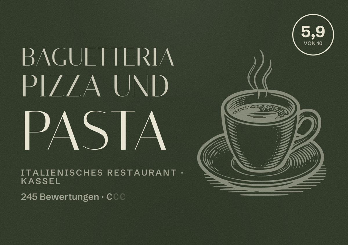 Illustriertes Poster von Baguetteria Pizza und Pasta, Italienisches Restaurant in Kassel: Bewertung 5,9 von 10 aus 245 Bewertungen, Preisniveau €