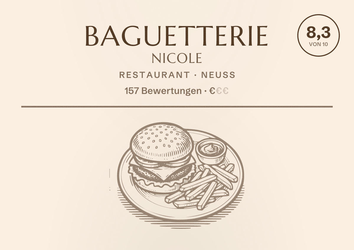 Illustriertes Poster von Baguetterie Nicole, Restaurant in Neuss: Bewertung 8,3 von 10 aus 157 Bewertungen, Preisniveau €