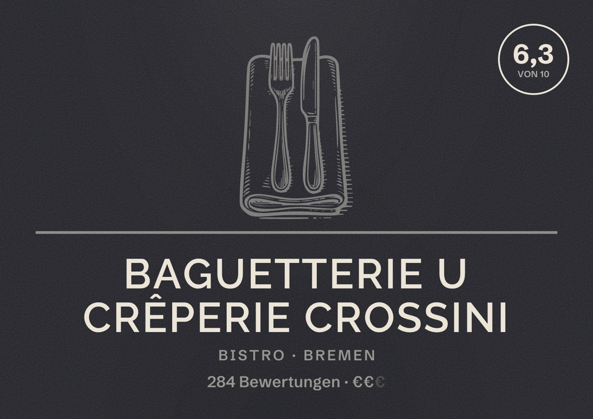 Illustriertes Poster von Baguetterie u Crêperie Crossini, Bistro in Bremen: Bewertung 6,3 von 10 aus 284 Bewertungen, Preisniveau €€