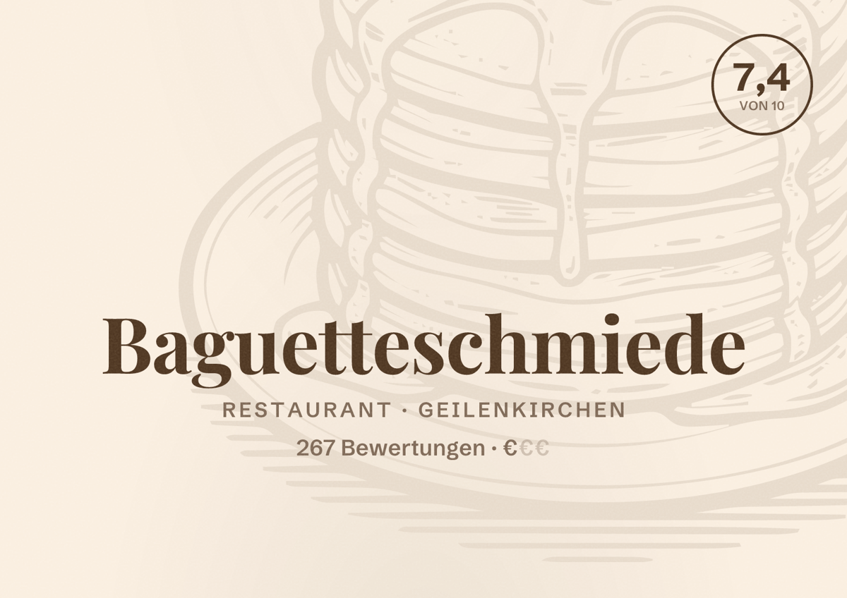 Illustriertes Poster von Baguetteschmiede, Restaurant in Geilenkirchen: Bewertung 7,4 von 10 aus 267 Bewertungen, Preisniveau €