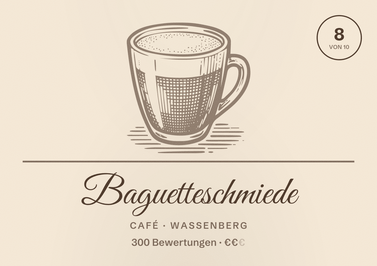 Illustriertes Poster von Baguetteschmiede, Café in Wassenberg: Bewertung 8 von 10 aus 300 Bewertungen, Preisniveau €€