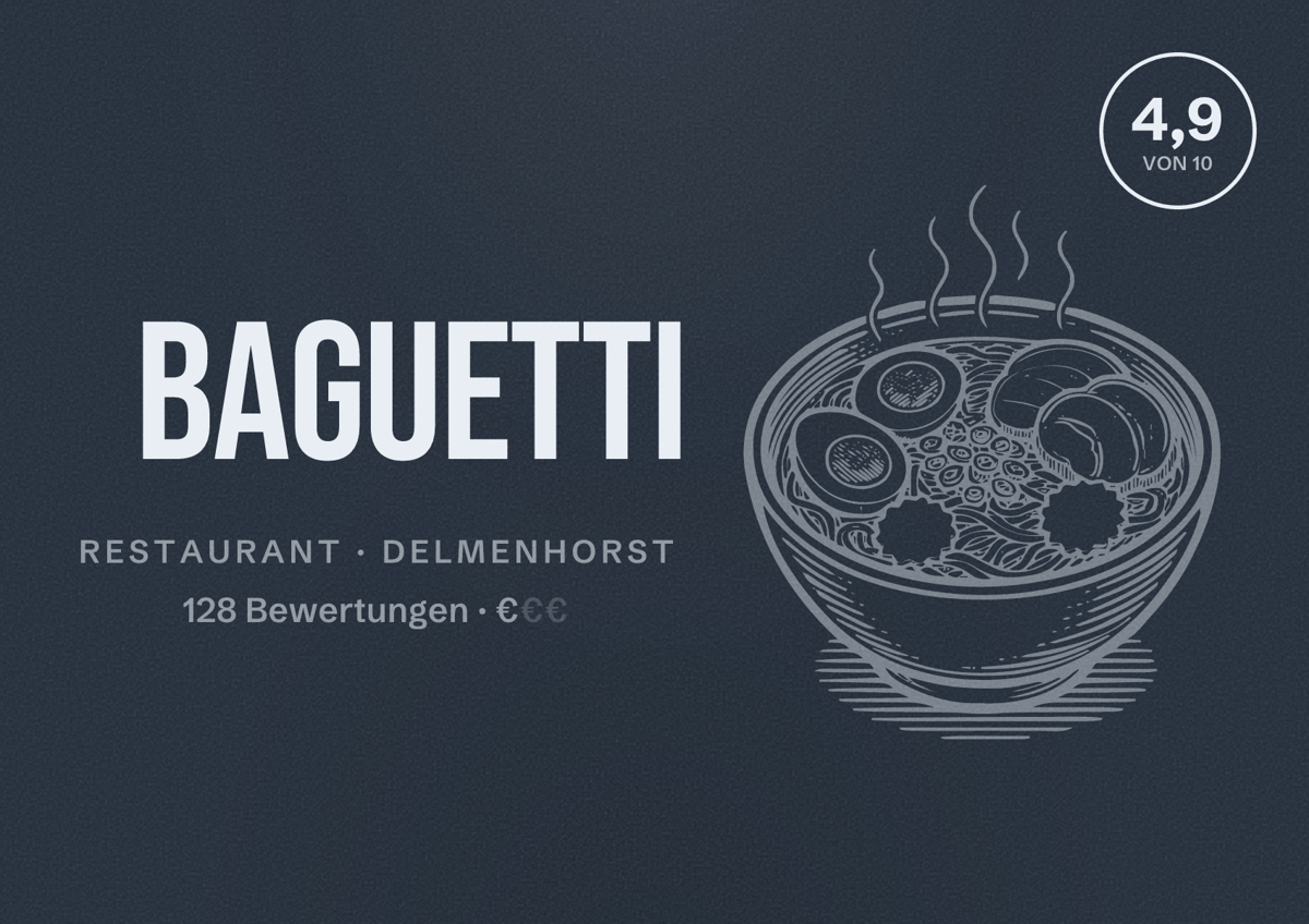 Illustriertes Poster von Baguetti, Restaurant in Delmenhorst: Bewertung 4,9 von 10 aus 128 Bewertungen, Preisniveau €