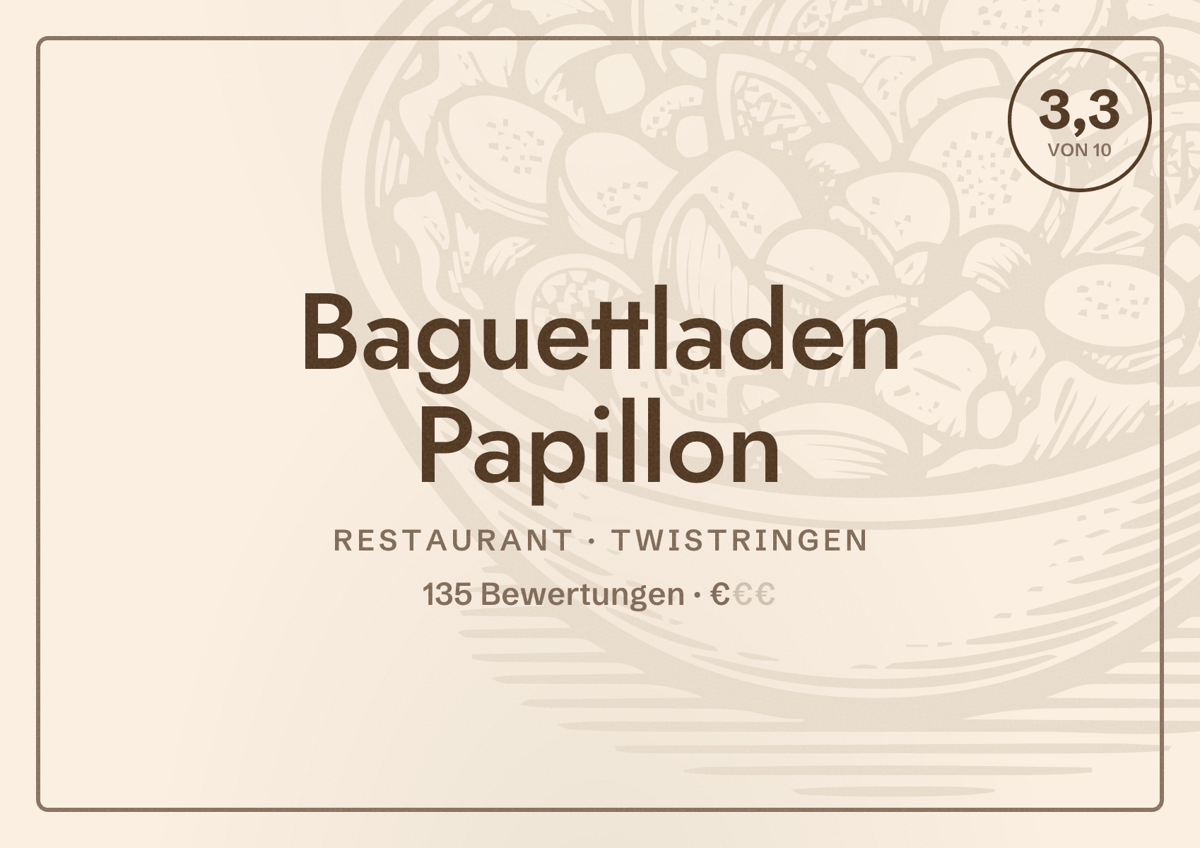 Illustriertes Poster von Baguettladen Papillon, Restaurant in Twistringen: Bewertung 3,3 von 10 aus 135 Bewertungen, Preisniveau €