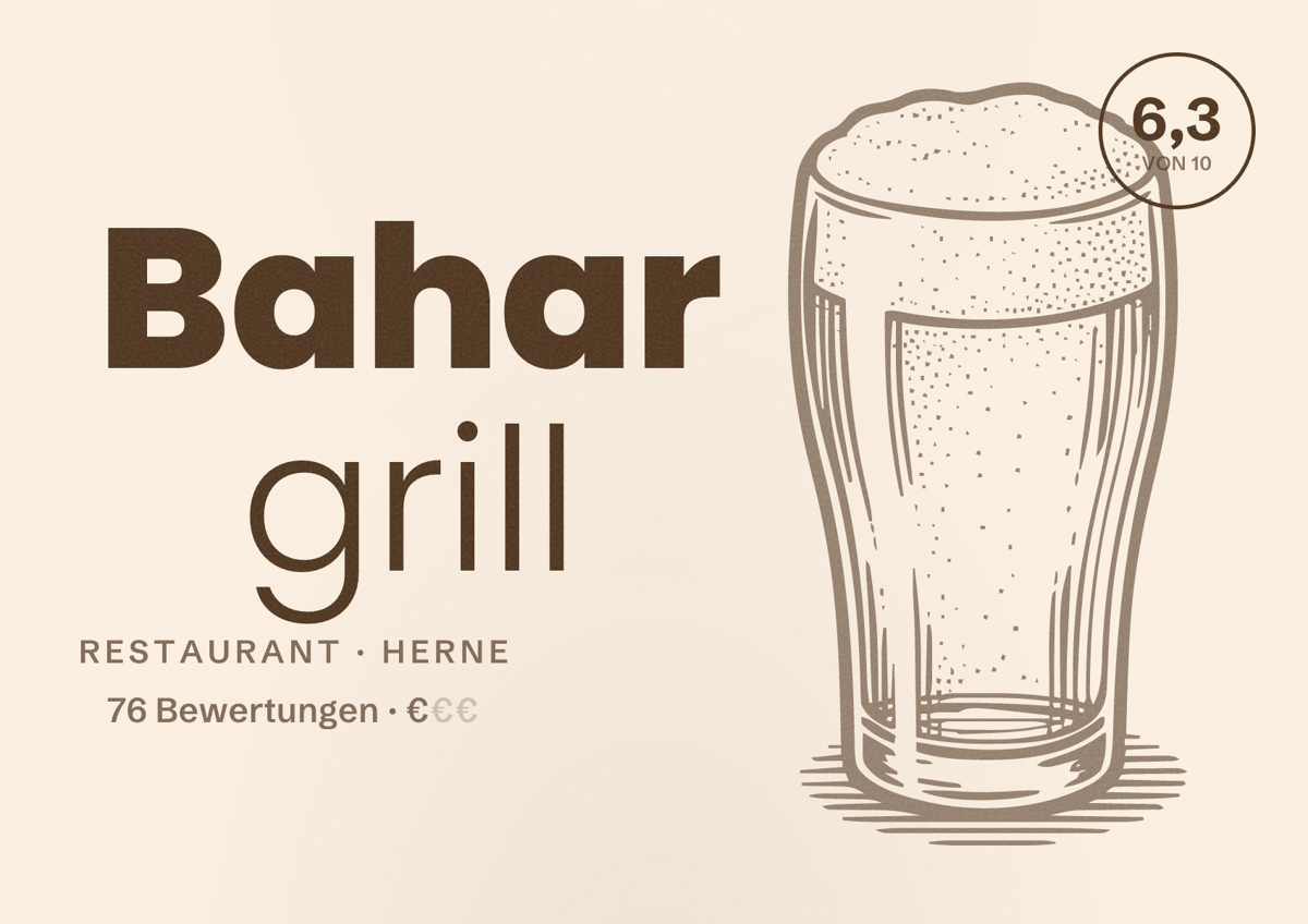 Illustriertes Poster von Bahar grill, Restaurant in Herne: Bewertung 6,3 von 10 aus 76 Bewertungen, Preisniveau €