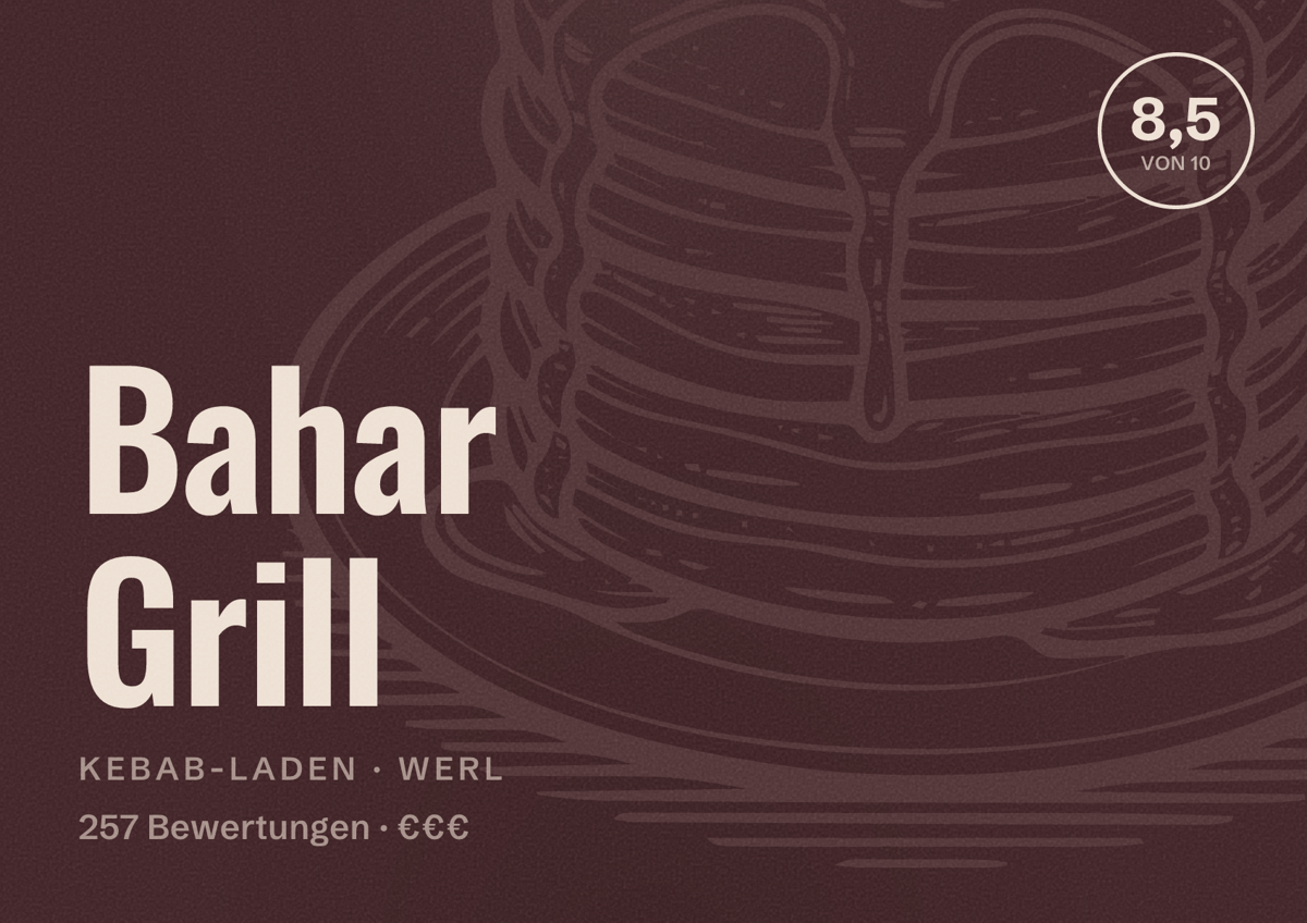 Illustriertes Poster von Bahar Grill, Kebab-Laden in Werl: Bewertung 8,5 von 10 aus 257 Bewertungen, Preisniveau €€€