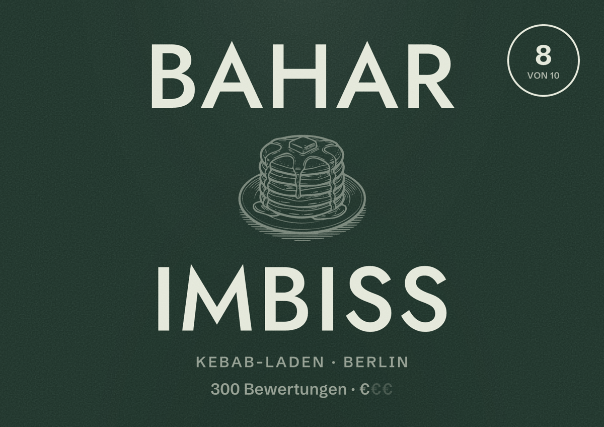 Illustriertes Poster von Bahar Imbiss, Kebab-Laden in Berlin: Bewertung 8,0 von 10 aus 300 Bewertungen, Preisniveau €