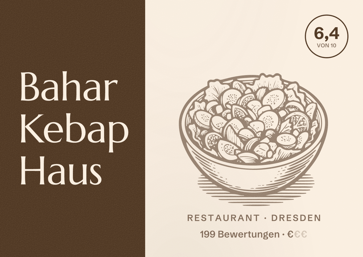 Illustriertes Poster von Bahar Kebap Haus, Restaurant in Dresden: Bewertung 6,4 von 10 aus 199 Bewertungen, Preisniveau €