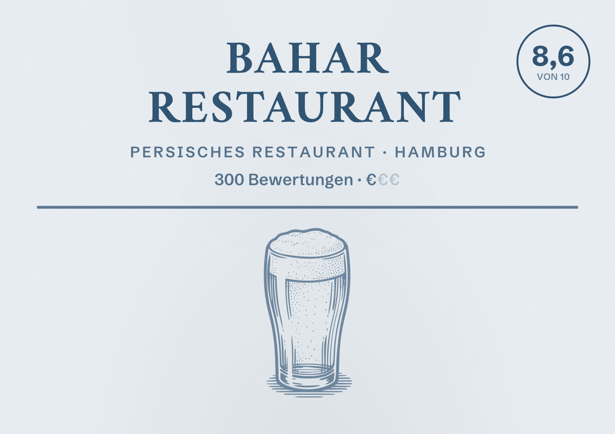 Illustriertes Poster von Bahar Restaurant, Persisches Restaurant in Hamburg: Bewertung 8,6 von 10 aus 300 Bewertungen, Preisniveau €
