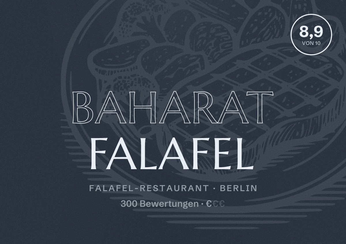Illustriertes Poster von Baharat Falafel, Falafel-Restaurant in Berlin: Bewertung 8,9 von 10 aus 300 Bewertungen, Preisniveau €