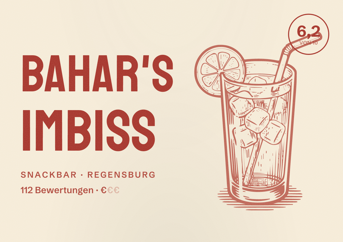 Illustriertes Poster von Bahar's Imbiss, Snackbar in Regensburg: Bewertung 6,2 von 10 aus 112 Bewertungen, Preisniveau €